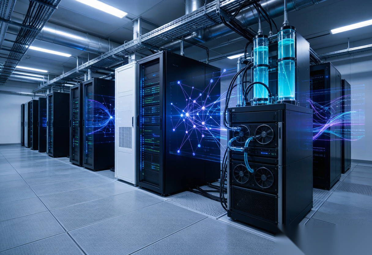 Modern AI data center with GPU-accelerated servers, liquid cooling systems, and neural network data visualization