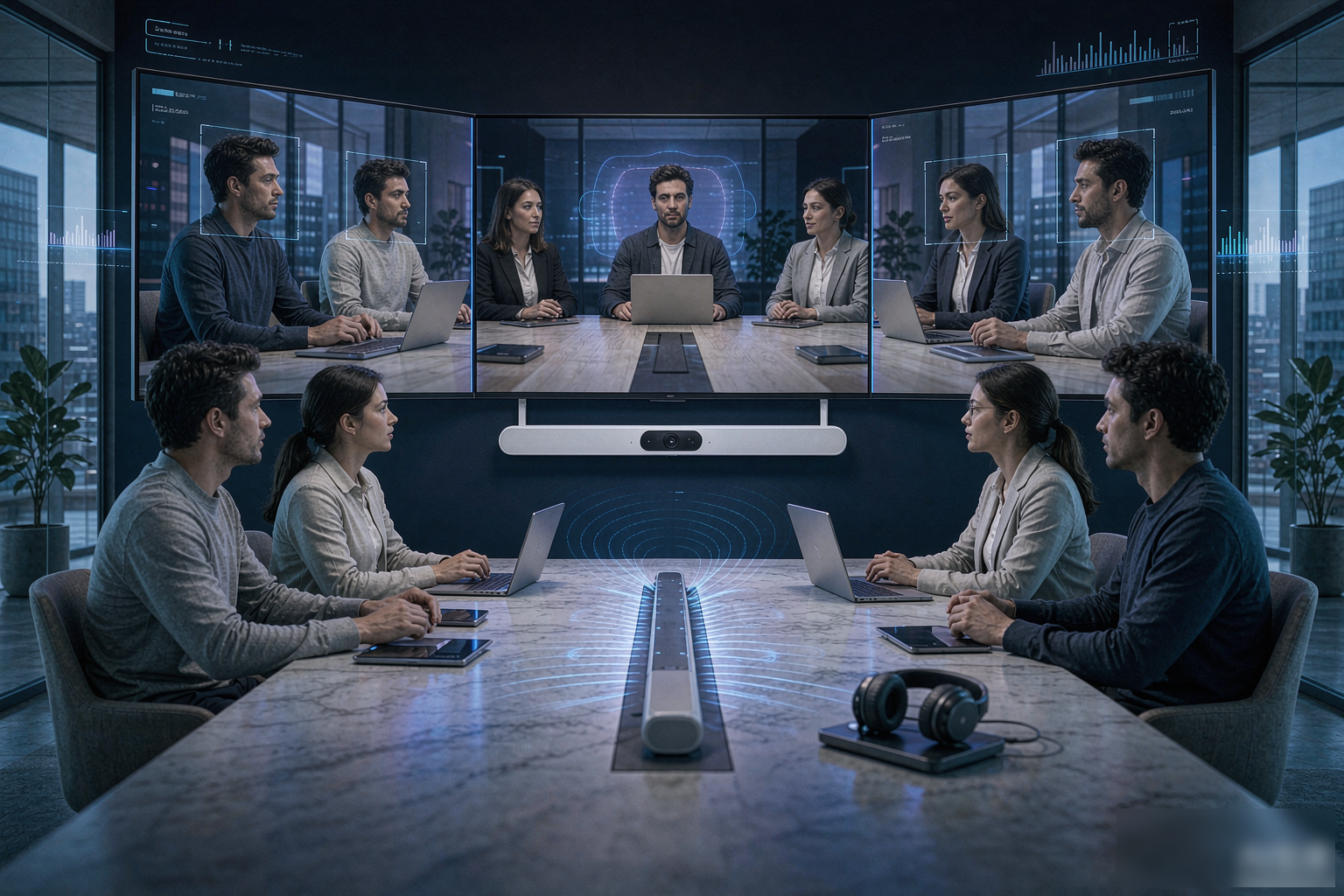 Modern hybrid meeting room with professional audio and video solutions featuring 180-degree video bar, beamforming microphones, and AI-powered collaboration technology