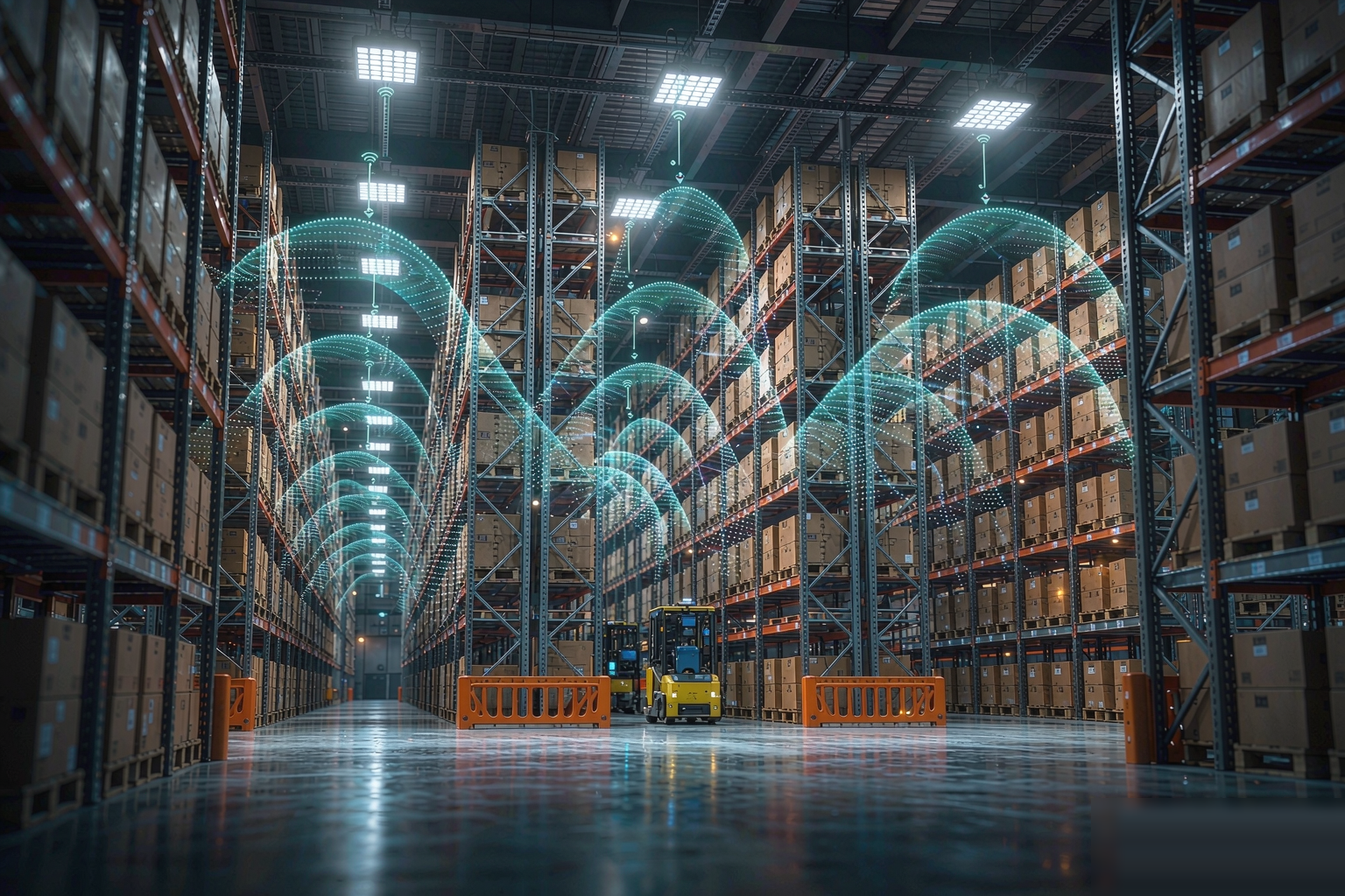 Warehouse Wi-Fi coverage design: ceiling-mounted access points with directional beams over high-bay pallet racking, with an AGV and forklift in the aisle