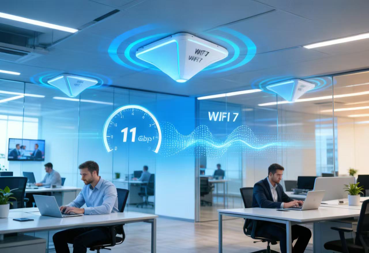 Modern enterprise office deploying Wi-Fi 7 access points for high-speed wireless connectivity